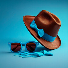 Straw Hat, Sunglasses And Tie On A Blue Background. Fathers Day Concept. Generative AI
