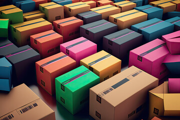 rows of colorful packages ready for shipping at a fulfillment center, generative ai