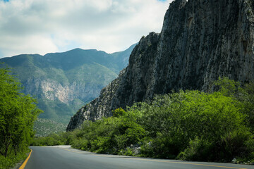 Wall Mural - Picturesque view of big mountains and bushes near road