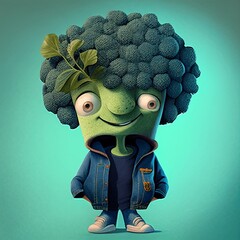 Cute broccoli kid wearing a denim jacket created with Generative AI technology.