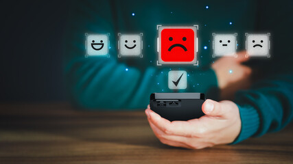 Aufkleber - Business concept of customer experience dissatisfied. Unhappy man client with angry emotion face on virtual screen, Bad review, dislike service and quality, sad testimonial, social media not good.