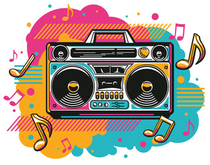 Poster - Music design - colorful boom box tape recorder and musical notes