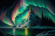 Abstract Beautiful Aurora Borealis Sky At North Of The Earth Oil Paint Background. Generative Ai.