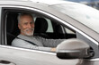 © Maria Vitkovska - Senior man driver on driver seat with fasten belt, holding steering wheel, smiling looking at camera
