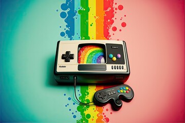 Wall Mural - Old video game console on rainbow background, digital illustration, AI