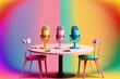 Table with microphones on rainbow background, podcast concept, Generative AI
