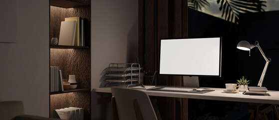 Poster - Modern contemporary home working room at night with computer mockup on table