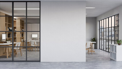 modern urban office indoor building interior with co-working space, computer desk and office decor