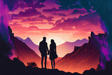 Fototapeta Młodzieżowe - silhouette of a young couple on the sunset, generative art