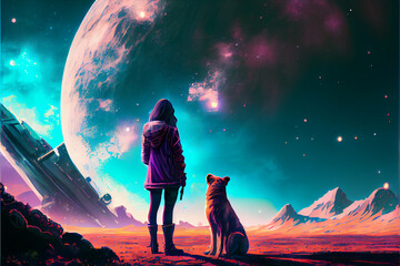 Wall Mural - Little girl with purple outfit standing in a stranger planet with dog beside her looking to a huge planet. Digital art stye, generative ai illustration