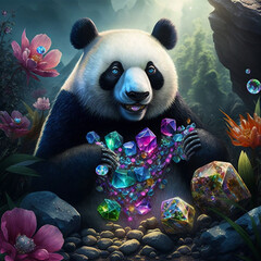 Canvas Print - Giant pandas with many precious stones