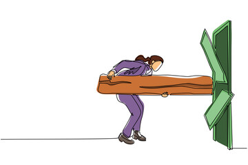 Poster - Single one line drawing businesswoman holding large log and destroying door. Overcome challenges, and destroying obstacles with power and brute force. Modern continuous line draw design graphic vector