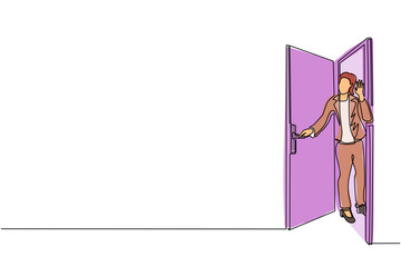 Poster - Single one line drawing businesswoman looking from behind open door. Woman peeking of door and wave hands. Cheerful female standing in doorway. Continuous line draw design graphic vector illustration