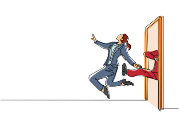 Poster - Continuous one line drawing businesswoman get kicked out of door. Dismissed from her job. Unemployment business concept. Boss kicks unnecessary employee. Single line design vector graphic illustration