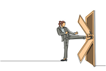 Poster - Single one line drawing businesswoman kicks the door until door shattered. Woman kicking locked door and destroy. Business concept of overcoming obstacles. Continuous line draw design graphic vector