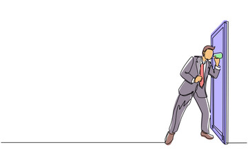 Poster - single one line drawing young man eavesdropping at the door. curious businessman listening to conver