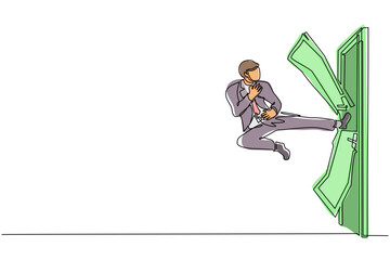 Poster - Continuous one line drawing businessman kicks the door with flying kick until door shattered. Man kicking locked door. Business concept of overcoming obstacles. Single line draw design vector graphic