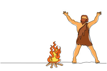 Wall Mural - Single continuous line drawing prehistoric man standing around bonfire. Caveman stands and raised two of his hands around campfire. Warmth his body at night. One line draw design vector illustration