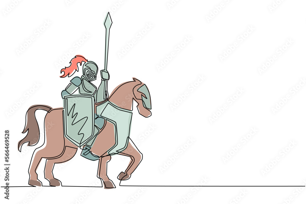 Single one line drawing medieval armed knight riding horse. Historical ...