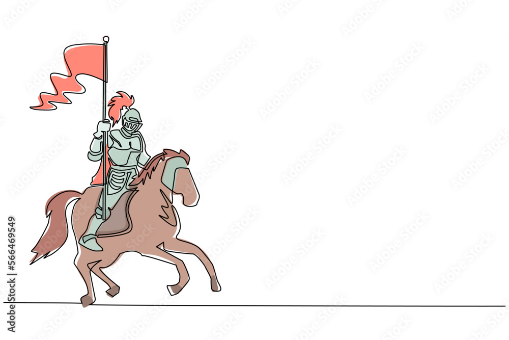 Single continuous line drawing medieval knight on horse carrying flag ...