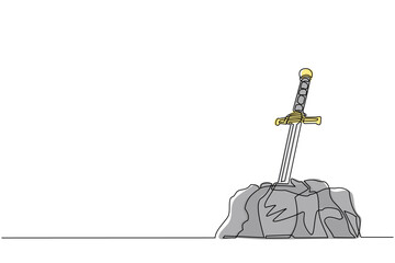 Poster - Continuous one line drawing Excalibur sword stuck or trapped in stone. Iconic scene from medieval European stories about King Arthur. Antique blade stuck in stone rock. Single line draw design vector