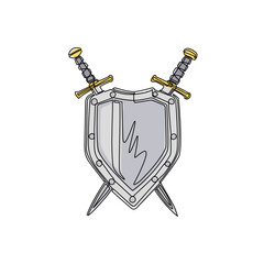 Poster - continuous one line drawing shield and crossed swords icon, flat design swords and shield vector ico