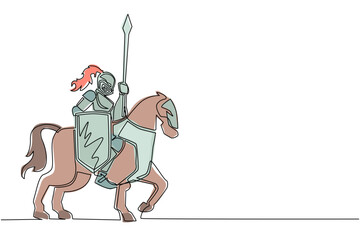 Poster - Single one line drawing medieval armed knight riding horse. Historical ancient military character. Prince with spear and shield. Ancient fighter. Continuous line design graphic vector illustration