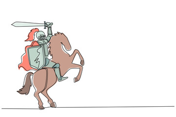 Poster - Single continuous line drawing medieval armed knight riding horse. Historical ancient military character. Prince with sword and shield. Ancient fighter. Dynamic one line draw graphic design vector