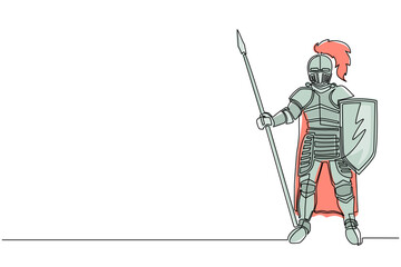 Poster - Single continuous line drawing full body armor suit, European medieval knight character with shield and spear, isolated on white background. Dynamic one line draw graphic design vector illustration