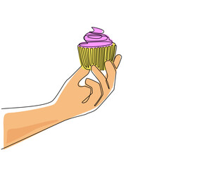 Poster - Continuous one line drawing hand holding cupcake. Birthday cake in party. Holiday celebration concept. Surprise and joyful with sweet whipped cream baked. Single line draw design vector illustration