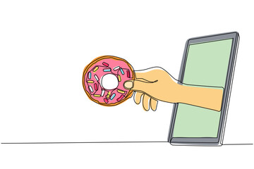 Poster - Single one line drawing hand holding donuts through mobile phone. Concept of restaurant order delivery online food. Application for smartphones. Continuous line draw design graphic vector illustration