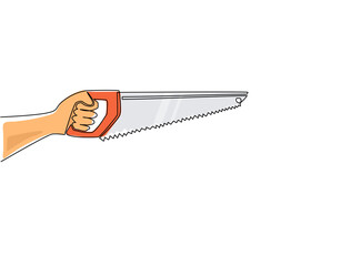 Poster - Continuous one line drawing hand holding saw. Saw on wood for sawing boards, plywood. Tool fitter, carpenter. Steel hacksaw for working with board. Single line draw design vector graphic illustration