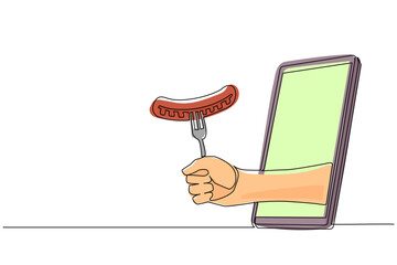 Poster - Continuous one line drawing hand holding sausage on fork through mobile phone. Concept of restaurant order delivery online food. Application for smartphones. Single line draw design vector graphic