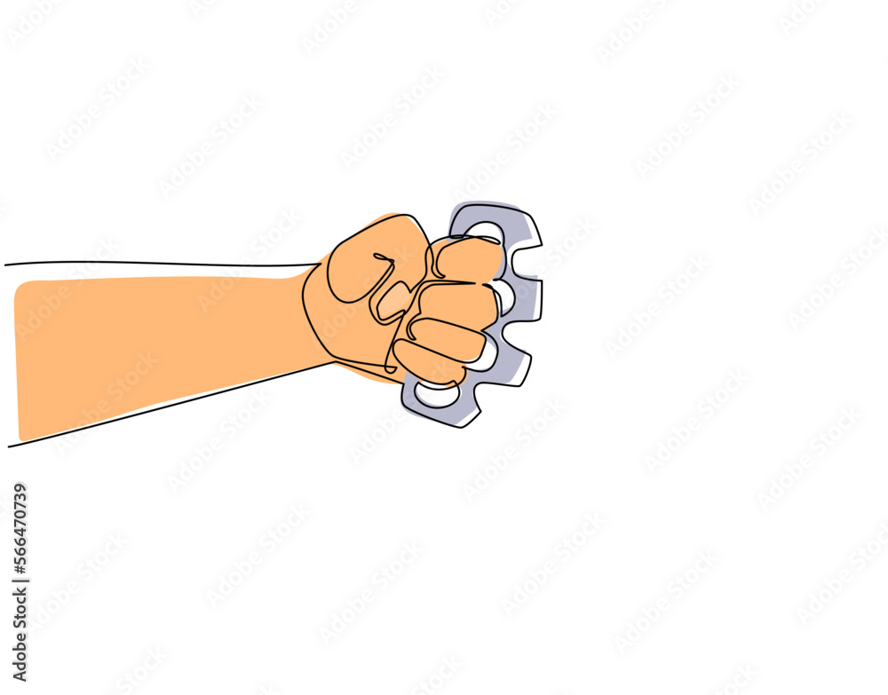 Continuous one line drawing hand with brass knuckles. Vintage retro ...