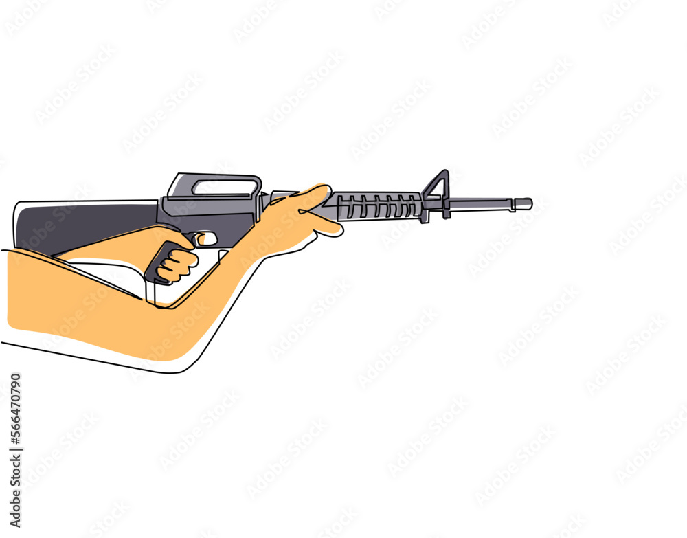 Single one line drawing hand holding automatic machine M-16. Tactical ...