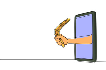 Poster - Single continuous line drawing hand holding boomerang through mobile phone. Concept of agility video games, e-sport, entertainment application for smartphones. One line draw design vector illustration