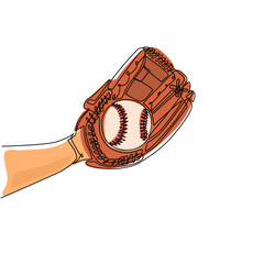 Poster - Single continuous line drawing baseball player hand holding ball with glove. Catcher concept. Sports equipment stock. Mitt holding baseball ball. One line draw graphic design vector illustration