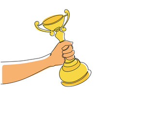 Poster - single one line drawing man hand holding gold cup award icon. winner prize goblet. first place champ