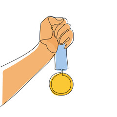 Poster - Single one line drawing human vintage hand holds ribbon sketch with golden medal. Concept emblem design in retro style isolated on white background. Continuous line draw graphic vector illustration