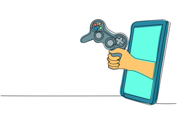Poster - Single one line drawing gamer hand holds joystick through mobile phone. Smartphone with video game console app. Mobile sports games stream championship. Continuous line draw design vector illustration