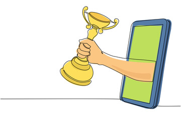 Poster - continuous one line drawing player hand holds trophy through mobile phone. smartphone with app sport