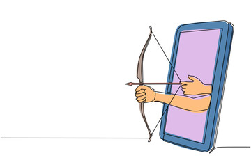 Poster - single continuous line drawing archer hand holds arrow and bow through mobile phone. smartphone with