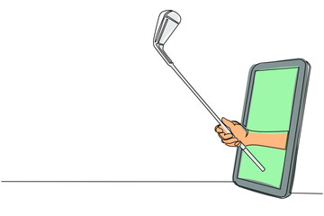 Poster - Single continuous line drawing golfer hand holds stick golf through mobile phone. Smartphone with golf games app. Mobile sports stream championship. One line draw graphic design vector illustration