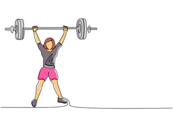 Poster - single one line drawing young bodybuilder woman doing exercise with a heavy weight bar in gym. power