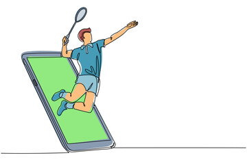 Poster - Single one line drawing man badminton player jump hit shuttlecock getting out of smartphone screen. Online badminton game with live mobile app. Continuous line draw design graphic vector illustration