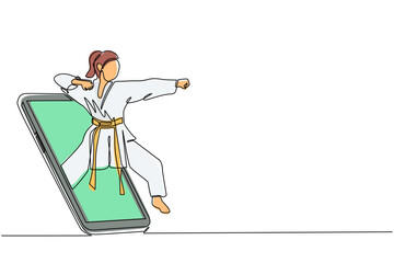 Poster - Continuous one line drawing karateka woman in kimono practicing karate punch getting out of smartphone screen. Mobile sports play matches. Online karate game mobile app. Single line draw design vector