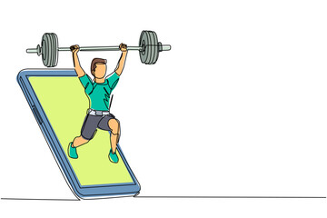 Poster - single one line drawing bodybuilder man doing exercise with heavy weight bar getting out of smartpho