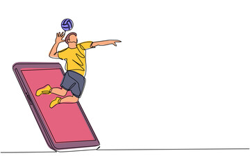 Poster - Continuous one line drawing man volleyball athlete player in action jumping spike getting out of smartphone screen. Mobile sports play matches. Online volleyball game. Single line draw design vector