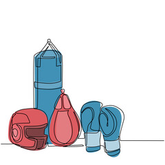 Poster - Continuous one line drawing boxing helmet and gloves. Sporting goods, defense and equipment. Boxing club. Gym to exercise. Kickboxing event. Fighter practice. Single line draw design vector graphic