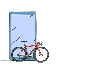 Poster - Single one line drawing smartphone and road bicycle. Eco friendly vehicle, sports bike monochrome icon. Speed city travel attribute, cycling hobby symbol. Continuous line draw design graphic vector